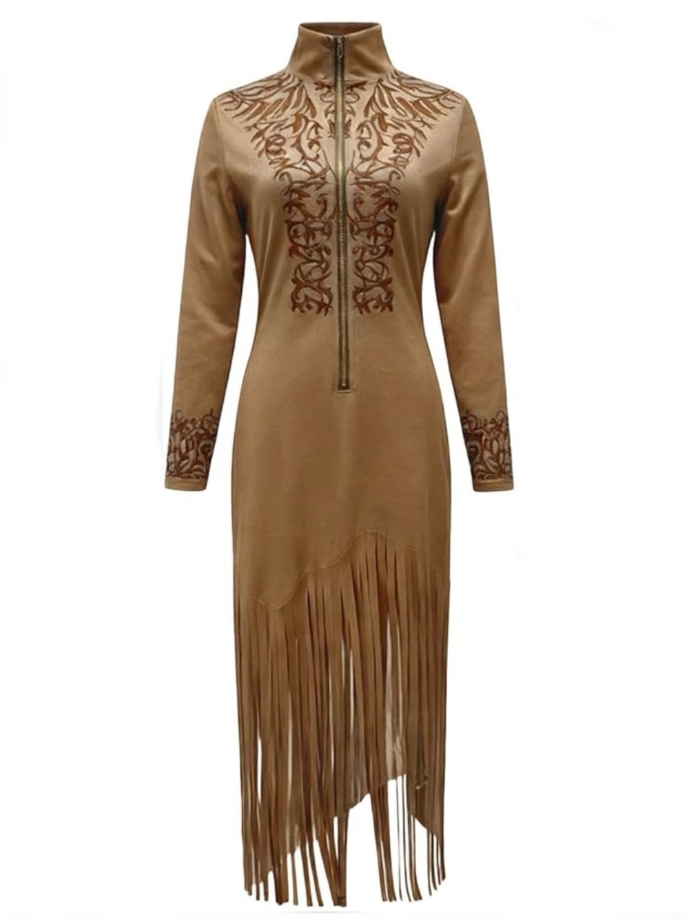 Women Boho Western Festival Fringe Tassel Maxi Dress VNeck Zip Embroidered Print - Picture 3 of 8